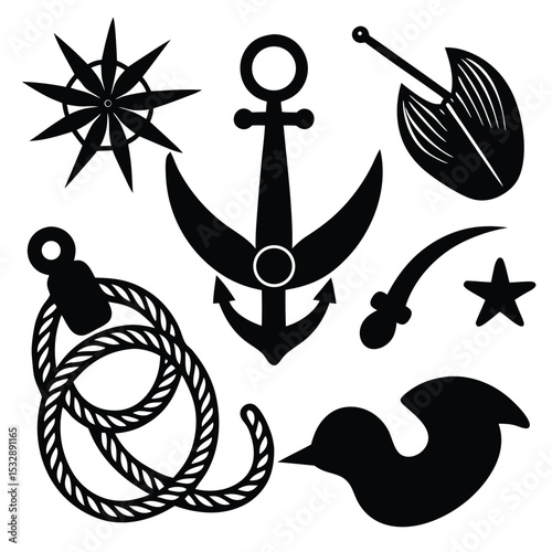 Multiple Small Icons Like Rope Anchor Ship Wheel Ocean Collection
