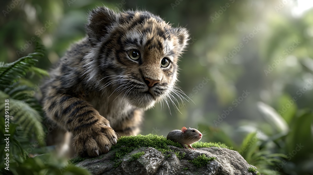 Fototapeta premium A dramatic jungle view with an animated cat in mid-leap toward a surprised rat on a mossy rock