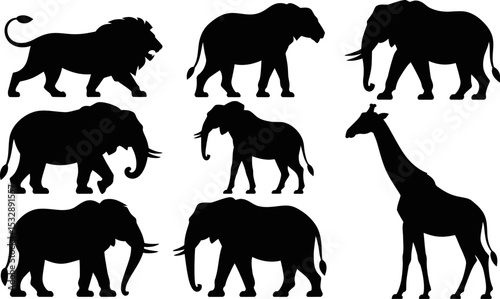 Vector illustration of african animals silhouettes lion elephant giraffe safari wildlife nature zoo park 100 editable stock vector illustration