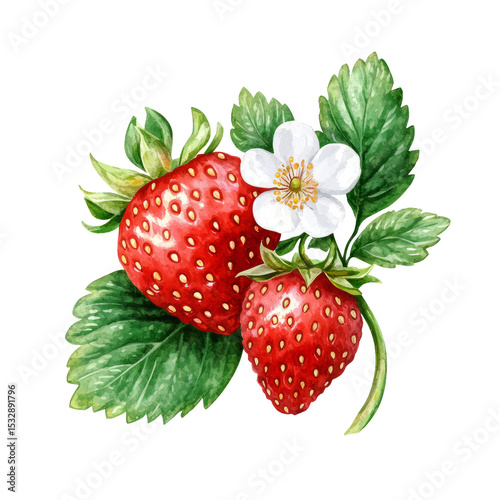 Watercolor botanical strawberry with blossom and stem, fresh red fruit on transparent background, clean aesthetic