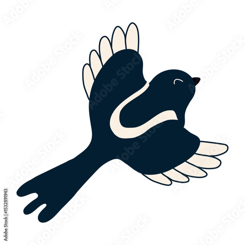 Qixi Festival flying magpie kawaii character illustration, isolated vector. Hand drawn cute flat style design. Traditional Chinese holiday clip art element. China Valentines Day