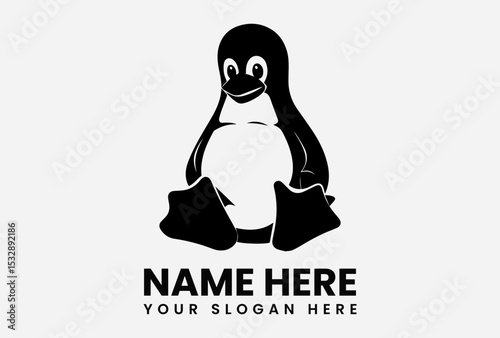 Friendly black and white silhouette vector logo of a sitting penguin with large expressive eyes and happy demeanor