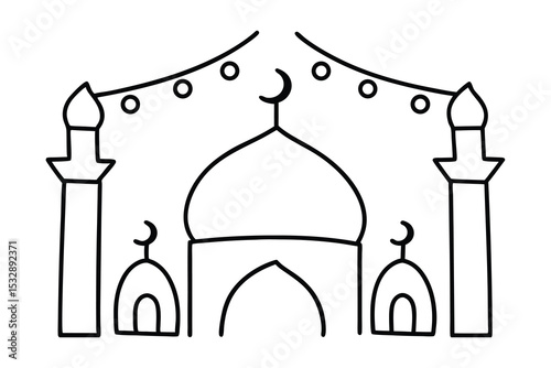 Simple line art drawing of a mosque with minarets and crescent moons