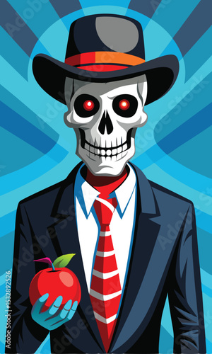 Stylish skeleton in a suit holding a red apple with a blue artistic background