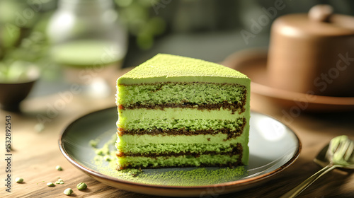 Delicious matcha cake recipe: green tea cake slice with creamy layers and matcha powder topping dessert
