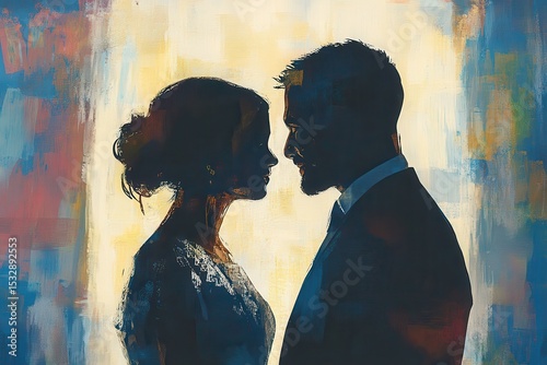Intimate silhouette reflection of a couple celebrating their love with colorful background representing joy and unity in the context of marriage