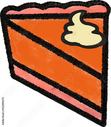 Stylized cake slice is showing orange frosting pink filling cream dollop on transparent background