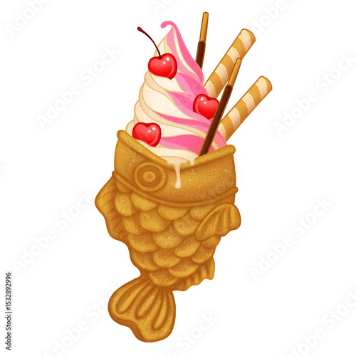 Flat fish-waffle cone on clear background is showing pink-white swirl with cherries and toppings
