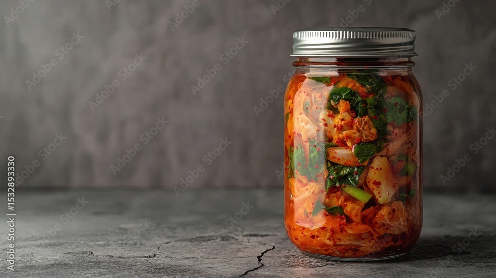 Spicy Fermented Kimchi in Sealed Glass Jar Resting on Textured Surface Spicy Fermented Kimchi in Sealed Glass Jar Resting on Textured Surface