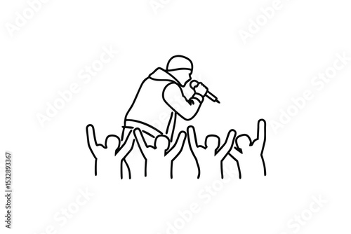 Rapper performing live concert crowd line art illustration