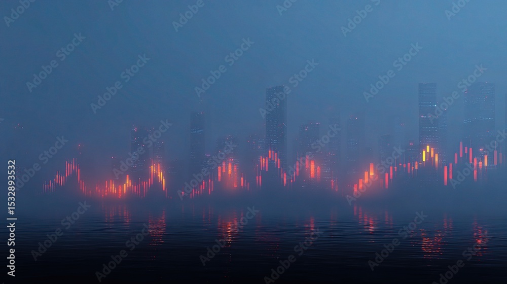 Fototapeta premium Futuristic Candlestick Chart Elements Layered in Misty Cityscape