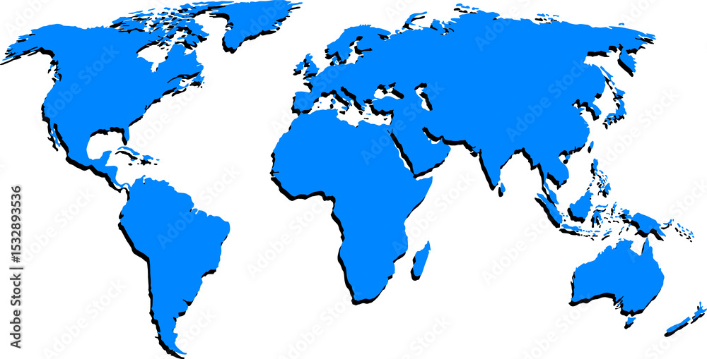 Obraz premium Stylized world map is showing blue black-outlined landmasses in flat style transparent background