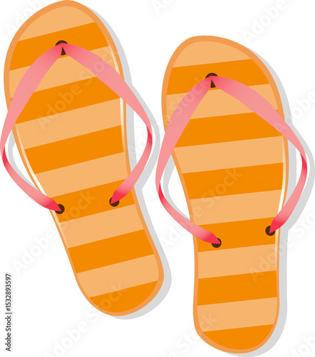 Orange-striped flip-flops with pink straps are floating on transparent background in flat design