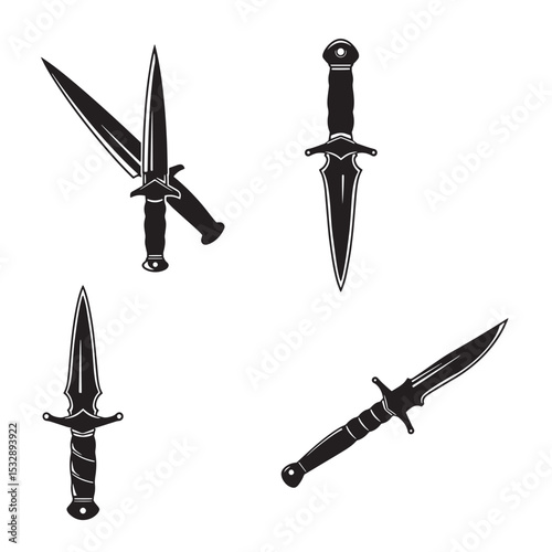 Set of detailed silhouette dagger designs in black and white for vintage weaponry aesthetics