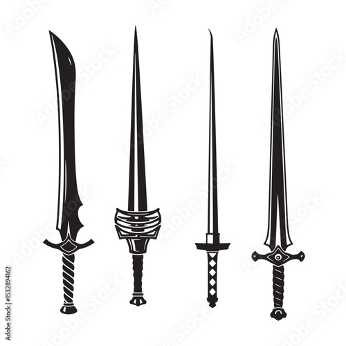 Set of four stylized swords silhouettes in black and white ready for digital design projects
