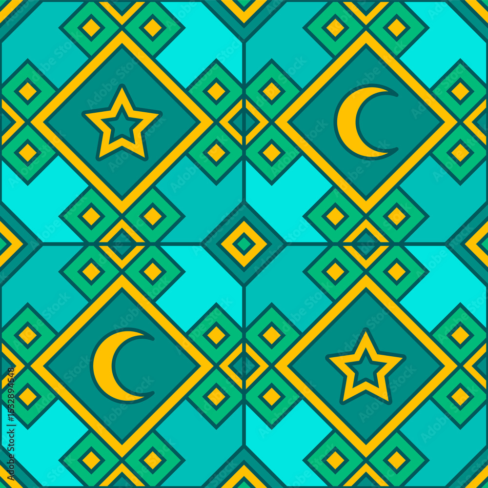 Fototapeta premium Teal diamond pattern is repeating in flat style with yellow stars, moons on transparent background
