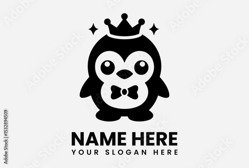 Cartoon penguin with crown and bow tie black and white vector logo design for special occasions  