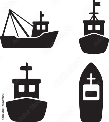 fishing boat silhouette icons set side, front, back, and top views vector art illustration