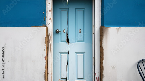 Broken door in blue and white colors after a burglery