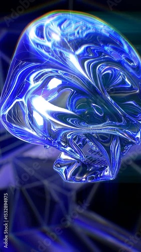 Seamless animation of water skull with deformation and reflections. Cool metallic Halloween vertical video