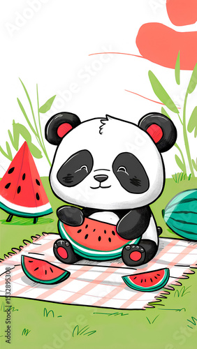 Cute illustrated panda sitting on a picnic blanket, happily eating watermelon slices amidst outdoor greenery. A cheerful scene perfect for summer themes, childhood innocence, or fun designs.