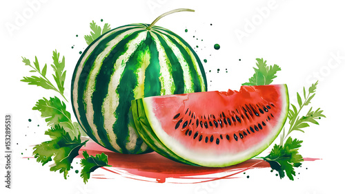 Watercolor illustration of a fresh watermelon with a vibrant red slice, surrounded by greenery, highlighting summer freshness.