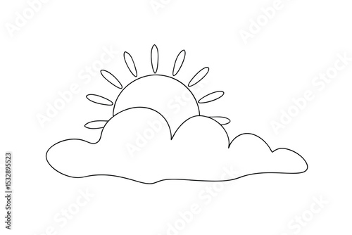 Simple line art sun rising behind a cloud