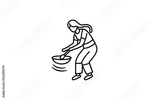 Woman mixing food in bowl line art illustration
