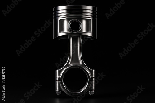 A metal piston with rings, grooves, and a central rod isolated on transparent background.