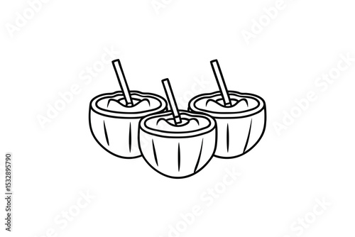 Three refreshing coconut drinks with straws, tropical beverage