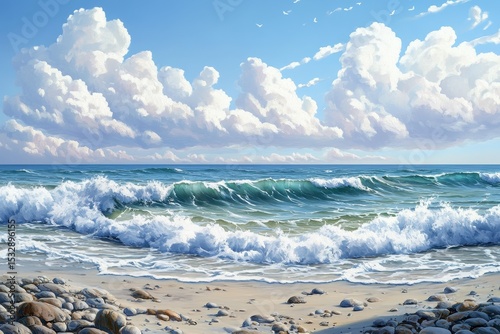 Waves crashing on a pebbly beach with a vibrant sky and fluffy clouds above, capturing the tranquility of the seaside landscape surrounded by nature