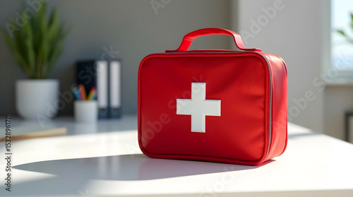 Red first aid kit with white cross on modern office desk bright natural lighting ideal for healthcare marketing