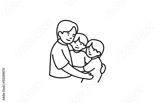 Father embracing his two children line art illustration