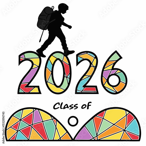 Class of 2026 graduation design colorful stained glass backpacker silhouette