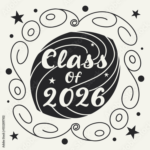 Class of 2026 graduation design stylish swirls stars