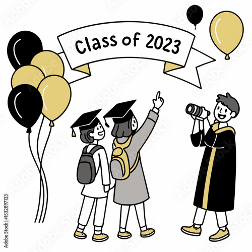 Class of 2023 graduation celebration two students balloons photographer
