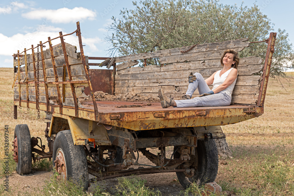 Obraz premium Dreams at rest, a peasant woman in her antique cart