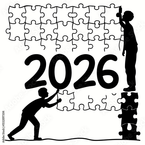 Two people collaboratively completing a 2026 puzzle