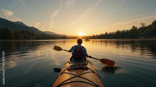 Kayaking on a Lake at Sunset with Mountains and Golden Sun Light