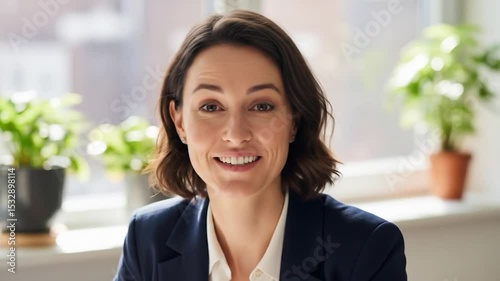 Smiling professional woman in a video call, wearing a blazer, with plants and a window in the background