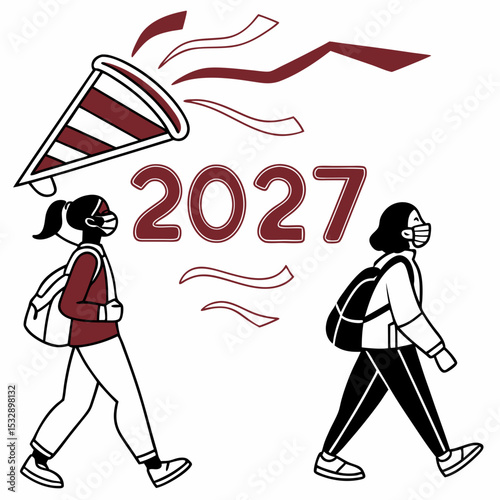 Students walking towards 2027 wearing face masks