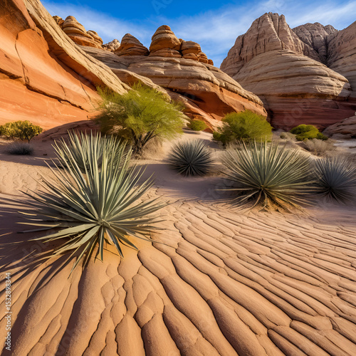 Red Rock Canyon National Conservation Area, Nevada in the Mojave Desert. The beautiful red rock formations are made of Aztec sandstone from lithified sand dunes. photo