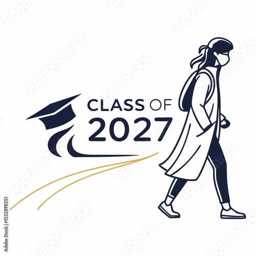 Class of 2027 graduate walking away with mask on white background