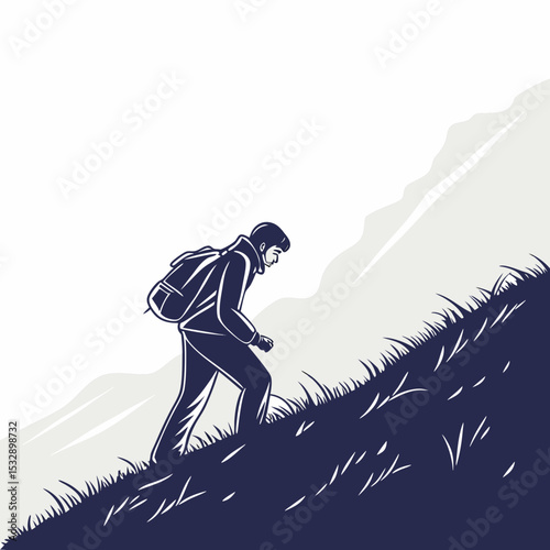 Hiker ascending mountainous terrain backpack adventure
