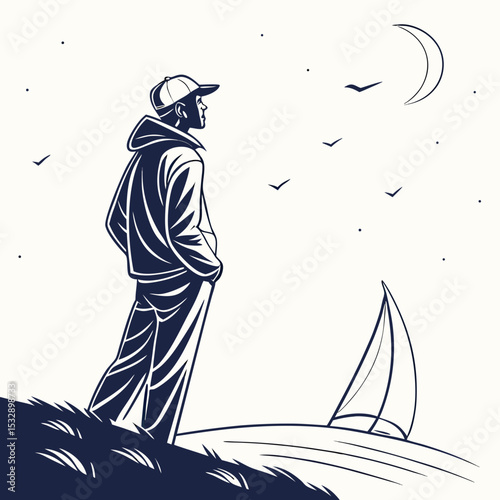 Man in hoodie watching sailboat at night under crescent moon