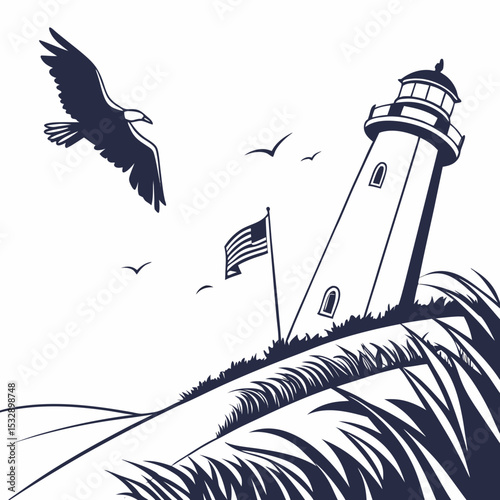 Majestic eagle soaring over coastal lighthouse with american flag
