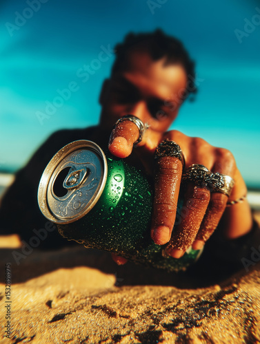 Young African American man with rings on his hand holding a soda can while lying on the sand at the beach.