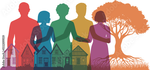 Colorful family tree and houses illustration representing community and home ownership concept vector art editable stock vector illustration