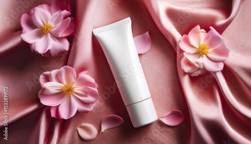 Cosmetic cream tube surrounded by rose petals on pink silk fabric photo