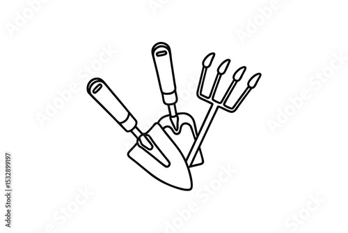 Gardening tools line art trowel hand rake spade